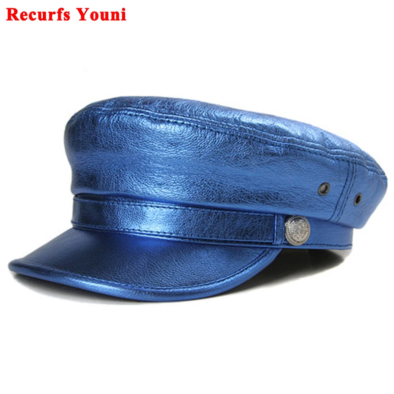 Bright Flat Navy Hat For Men Women Stylish 100% Varnished Leather Caps Korean Fashion Blue/Black Youth Students Trip Headdress