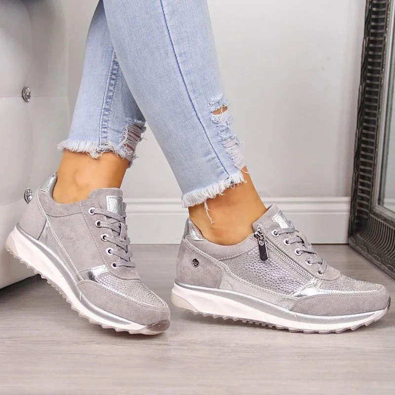 New Women Platform Sneaker Woman Autumn Lace Up Vulcanized Casual Fashion Shoes Female Sequined Cloth Shoes Ladies Flat Footwear