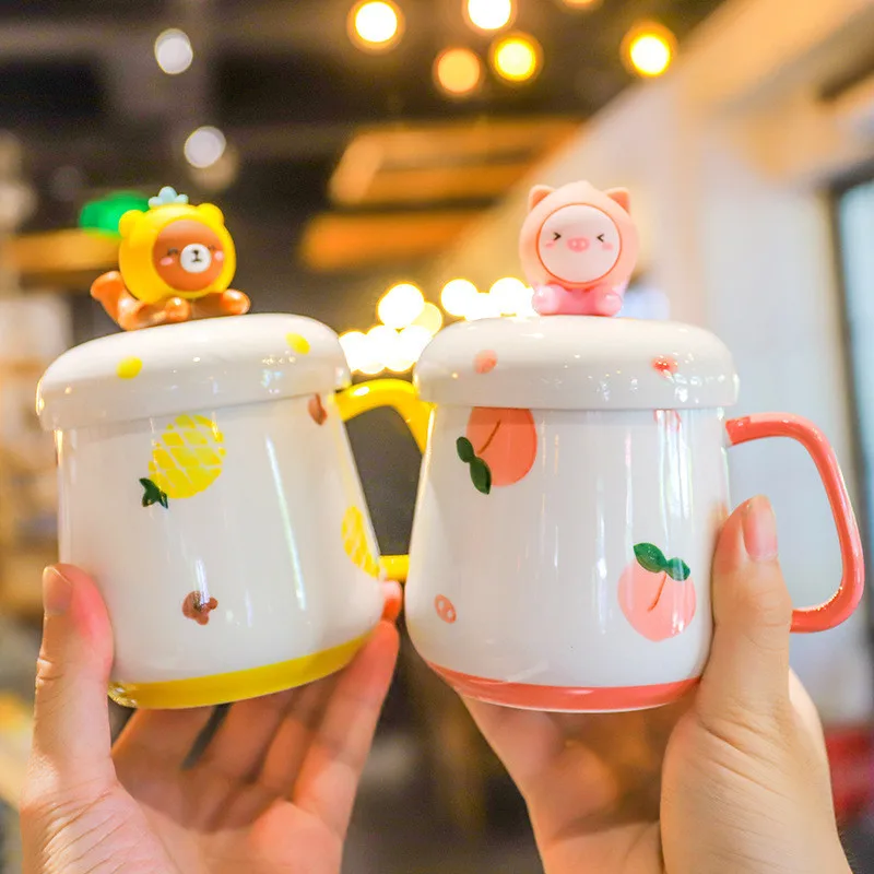 

400ml Cute Fruit Cartoon Mug With Lid Ceramic Cups with Handles for Hot Beverages Cappuccino Cocoa Cereal Tea Cup Coffee Gifts