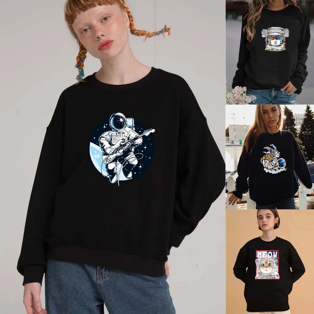 Damenmode Pullover O-Ausschnitt Langarm Hoodie Niedlicher Astronautendruck Übergroße Pullover Damen Harajuku Sweatshirt Tops