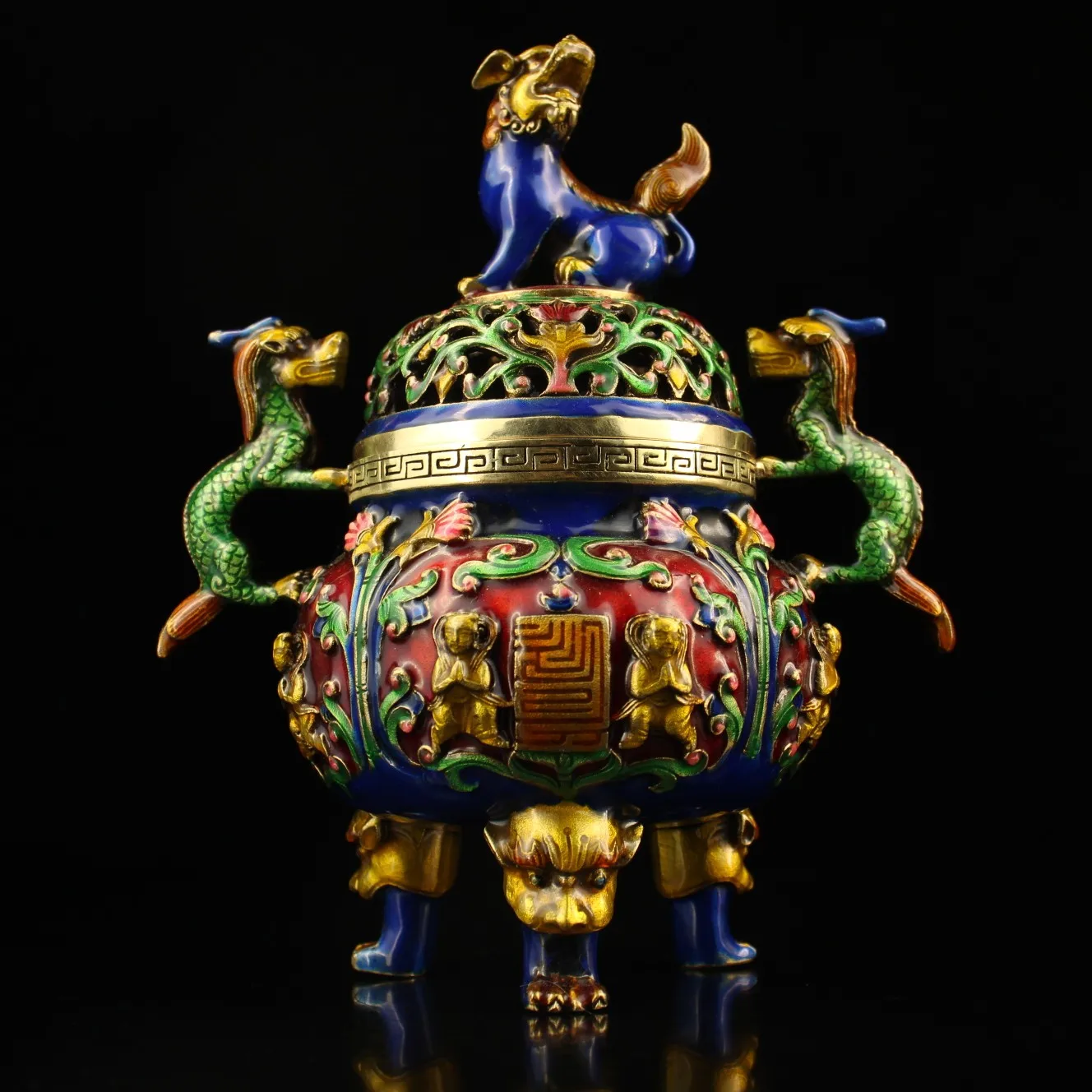 

9"Nepalese folk Bronze Cloisonne Enamel Lion Statue Dragon Ear Three-legged incense burner Amass wealth Ornament