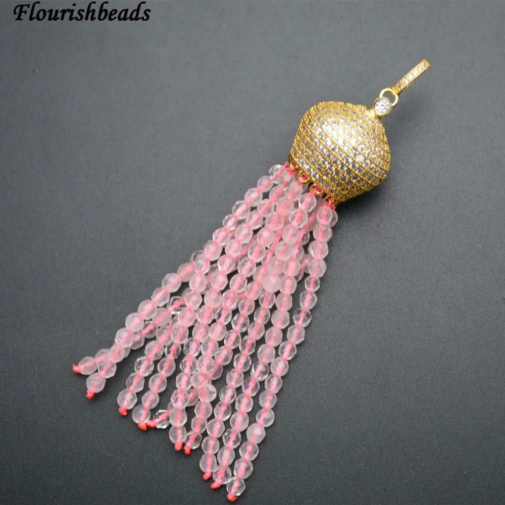 Natural Faceted 3mm Garnet / Rose Quartz / White Howlite Turquoise Round Beads Tassel Pendants Paved CZ Metal Crown Cap