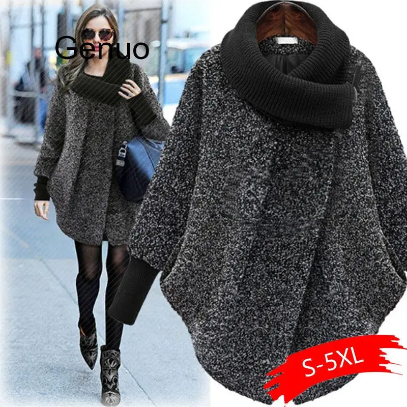 

2020 Plus Size Bat Sleeved Woolen Coat Scarf Collar Jackets Women Winter Fashion Outerwear Thicker Loose Coat Zipper Casual