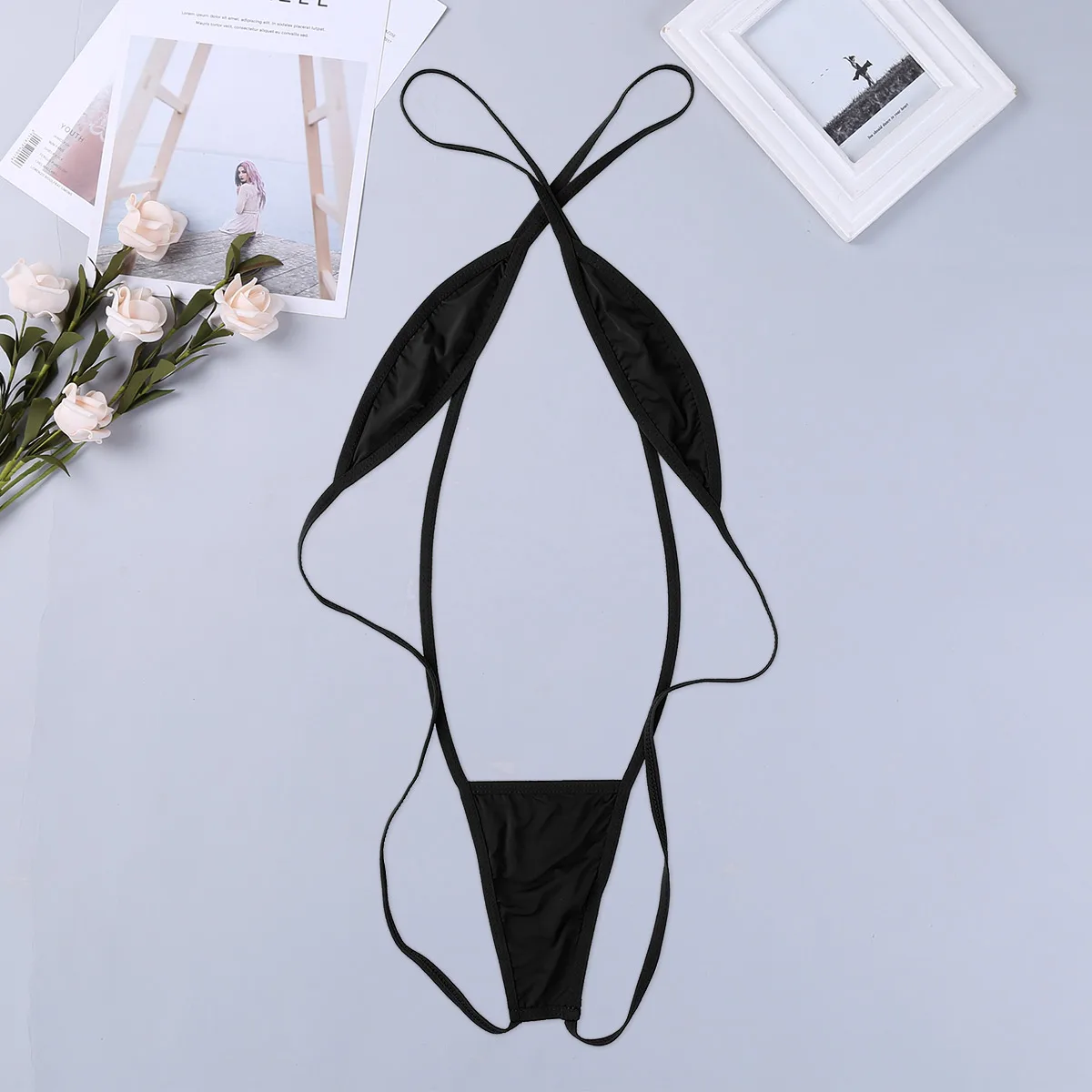 Woman\'s Solid Color One Piece Sling Shoot Monokini Halter Y Back Thong Mircro Bikini Extrem Brazil Swimsuit Sunbathing Suit