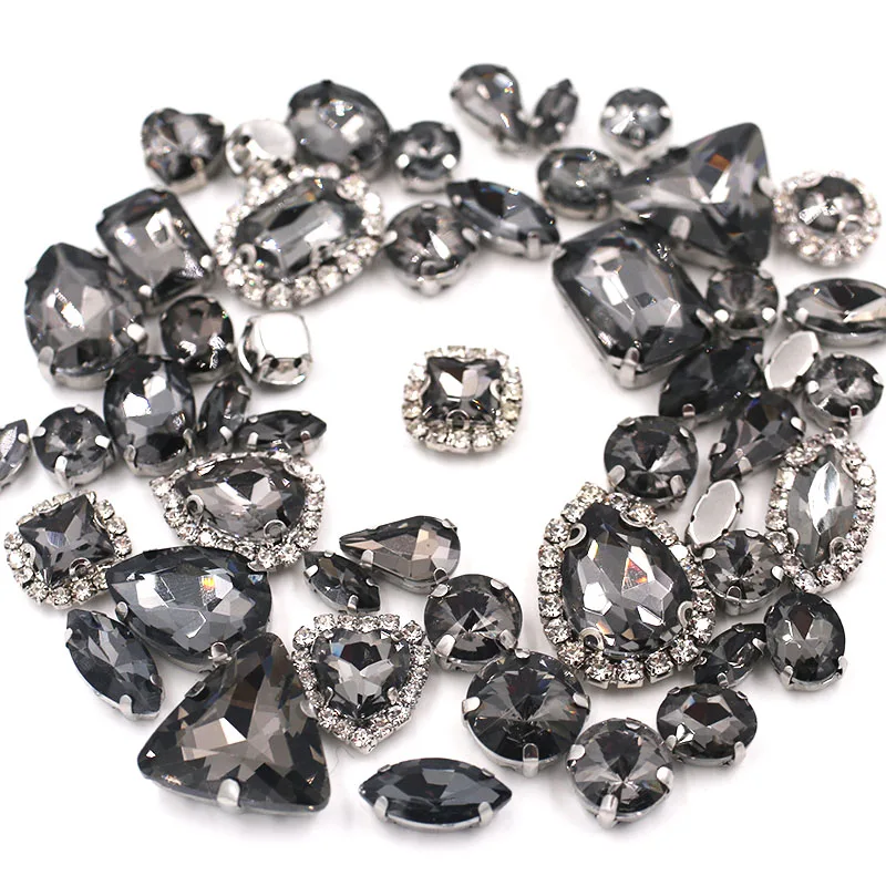 50pcs/Bag Gray Mixed Shape Sew on Glass Rhinestone Silver Claw and Crystal Buckle Diy Wedding Decoration Clothes/Shoe/Dress