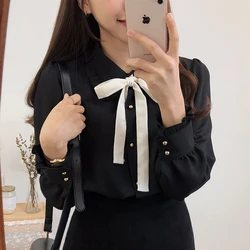 Bow Black Shirt Female Long Sleeve Button Chiffon Blouse Women Red Wine Clothes Womens Blouses Butterfly White Shirt Tops Femme