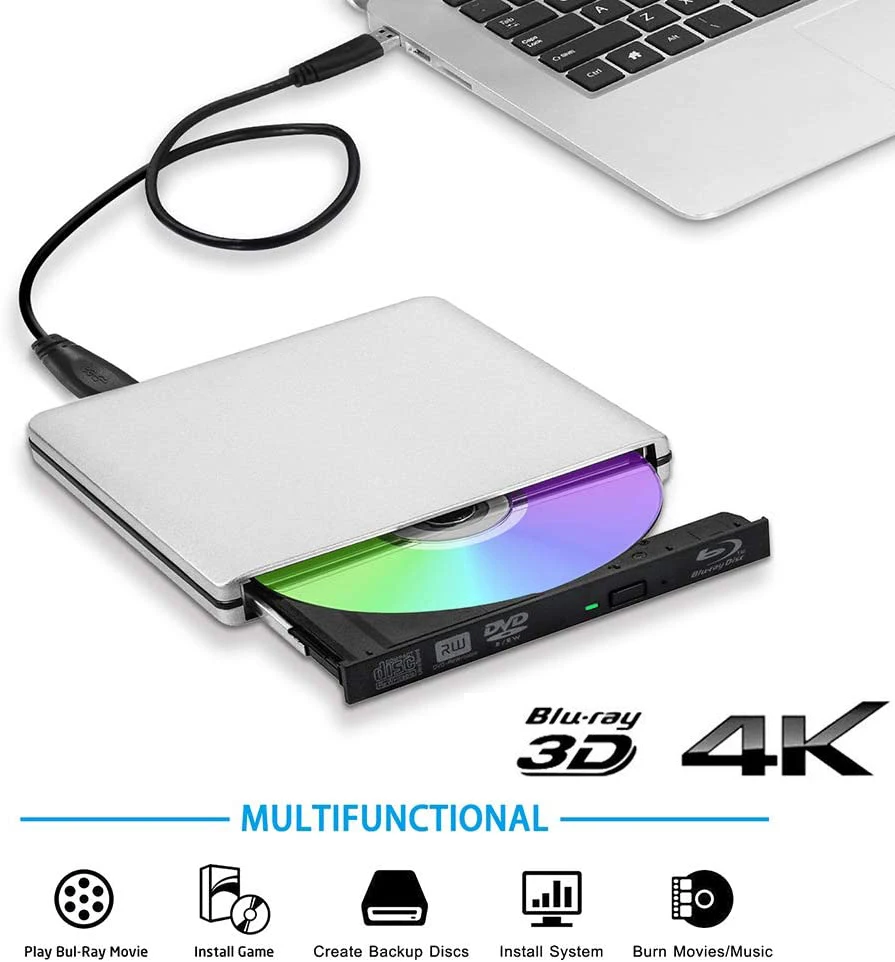 Ultra Slim External Optical Drive 4K Blu-Ray Burner USB3.0 DVD Players 3D Blu-Ray Writer Reader CD/DVD Burner