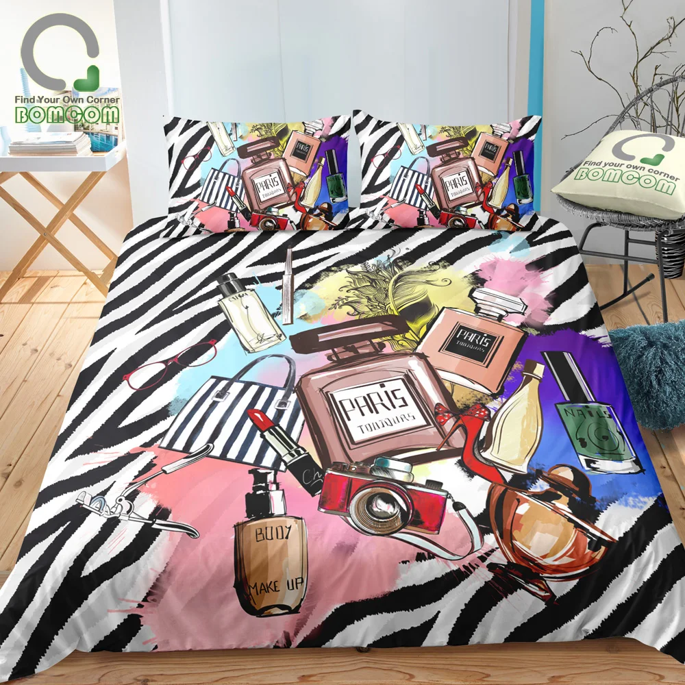 BOMCOM 3D Digital Printing Duvet Cover Set Cosmetic Collections Zebra Stripes Makeup Modern Lady Fashion Girl Bedding Set 100% M