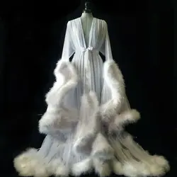 White Faux Fur Sleepwear Robe Women Wedding Bridal Sash Trimmed Bathrobe Belt