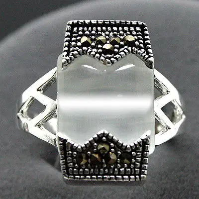 

lady's valentise VINTAGE NATURAL 12*20mm WHITE OPAL 925 STERLING SILVER RING SIZE 7/8/9/10