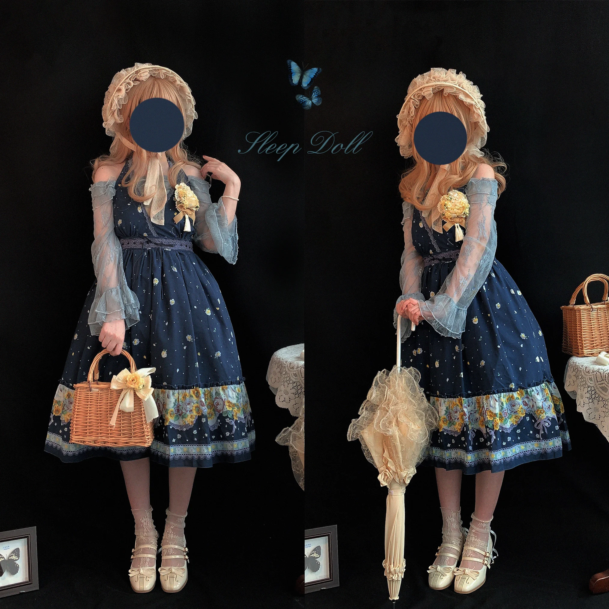 Robe d'été Kawaii pour filles, col licou, couture en dentelle, style de vacances, impression victorienne, taille haute, JSK, bleu, Cosplay Lolita Loli