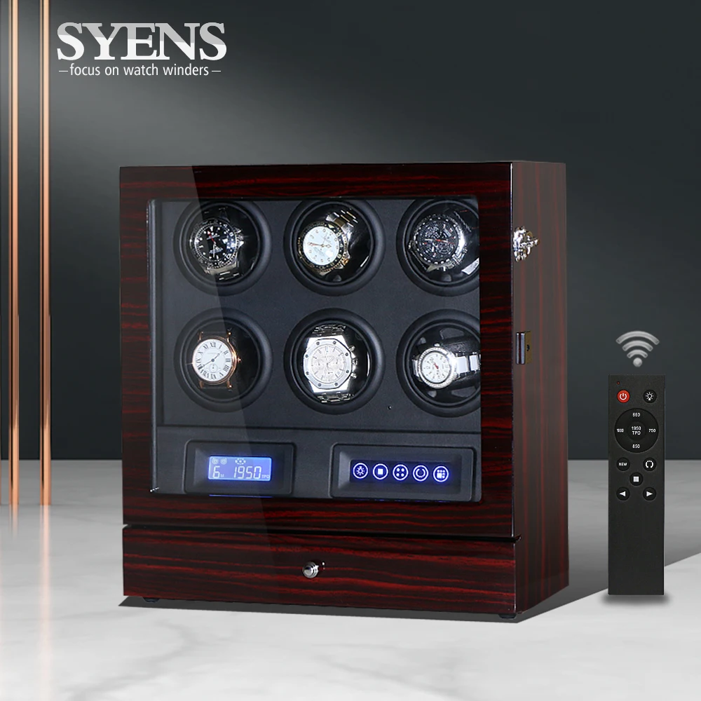 Rotating watch box 6 slot Watch winder Automatic watches with drawer storage Mechanical winders Wood Ebony with Black PU insert