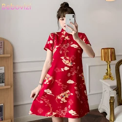 M-4XL 2022 New Year Red Summer Trend Street Fashion Modern Cheongsam A-line Dress Women Qipao Traditional Chinese Clothes