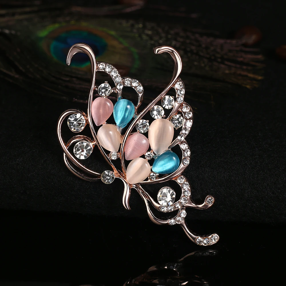 

2024 Trend Jewelry Opal Crystal Rhinestone Butterfly Kitten Brooch Ladies Collar Scarf Bow Knot Brooch Accessories