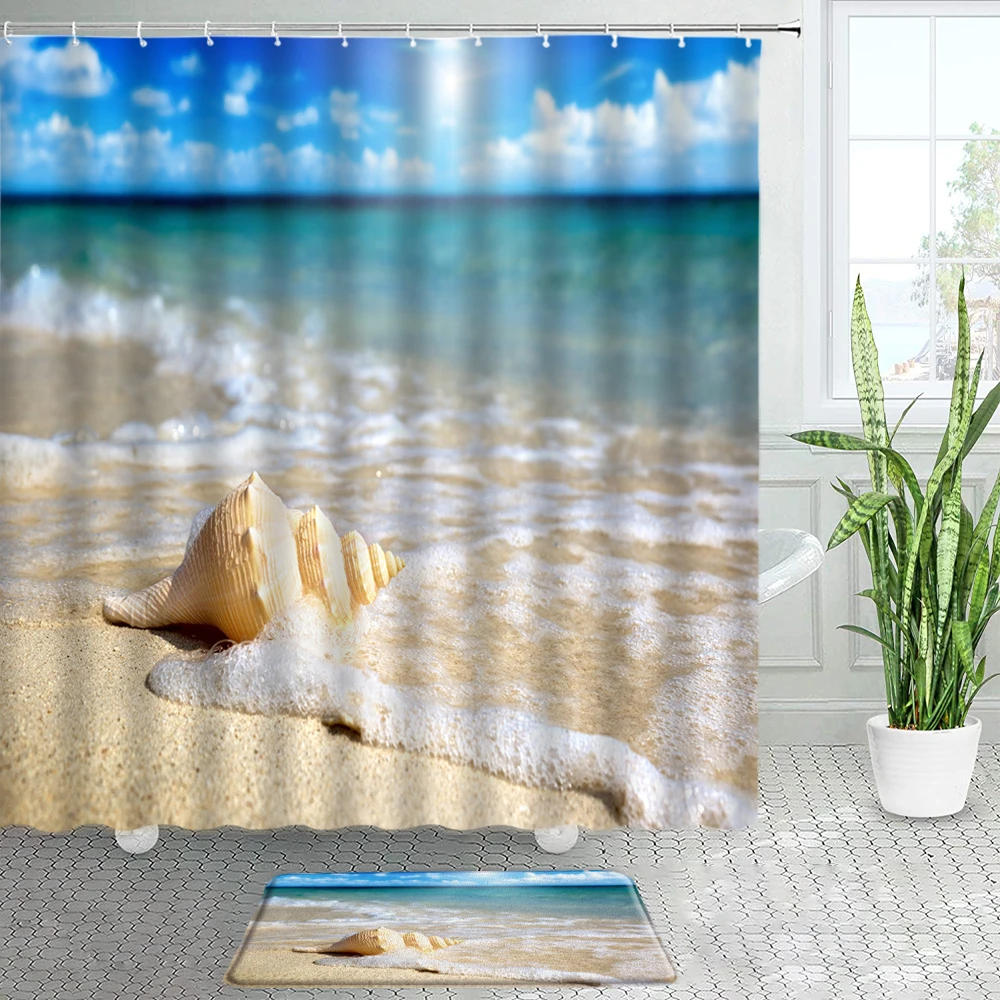 Beach Conch Starfish Shower Curtain Bath Mats Set Shell Ocean Hawaii Natural Scenery Door Mat Bathroom Decor Rug Non-Slip Carpet