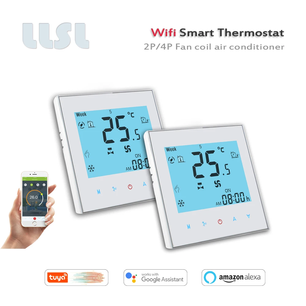Termostato da bobina do fã do termostato 2p 4p de 24vac 95-240vac tuya wifi, trabalha com alexa casa do google