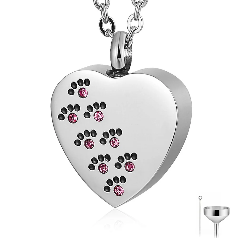 Pet Cat Dog Paw Print Cremation Jewelry for Ashes Wearable Urn Necklace with 3 Colors Crystal Keepsake Memorial Pendant