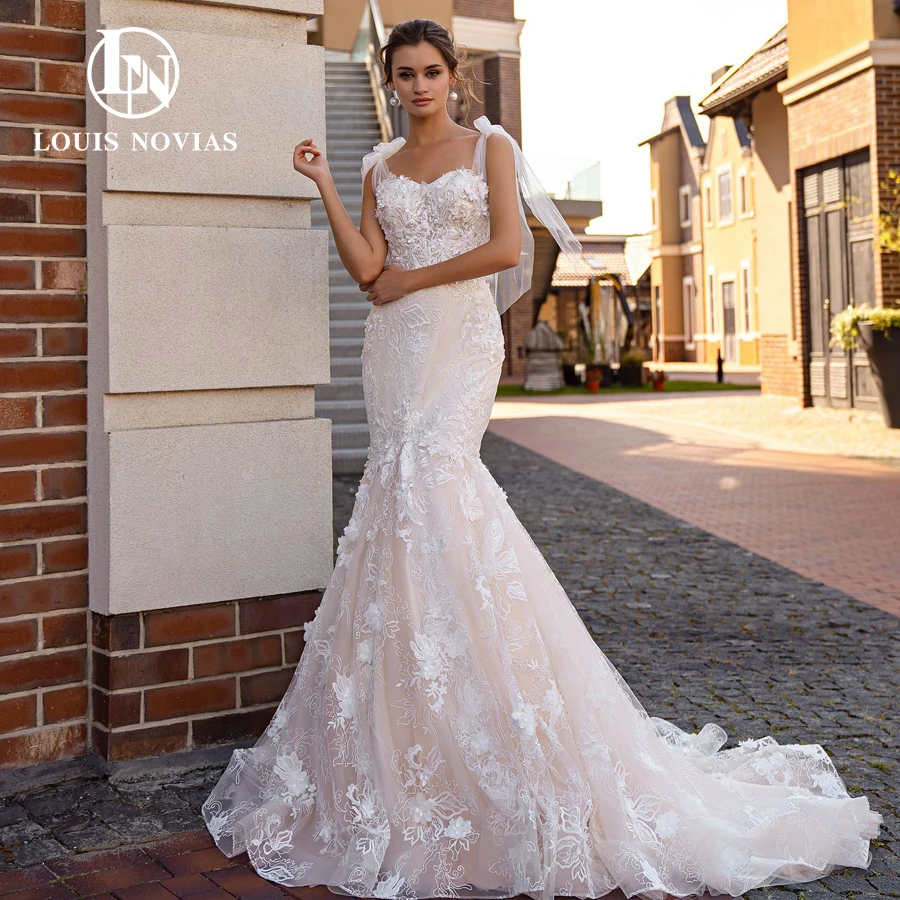 LOUIS NOVIAS Robe De Mariée Sirène 2022 Romantique Appliques Perles 3D-Flower Bouton sans manches Broderie Chérie Robe De Mariée