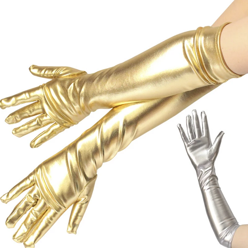 Gold Silvery Wet Look Fake Leather Metallic Gloves Evening Party Performance Mittens Women Sexy Elbow Length Long Latex Gloves