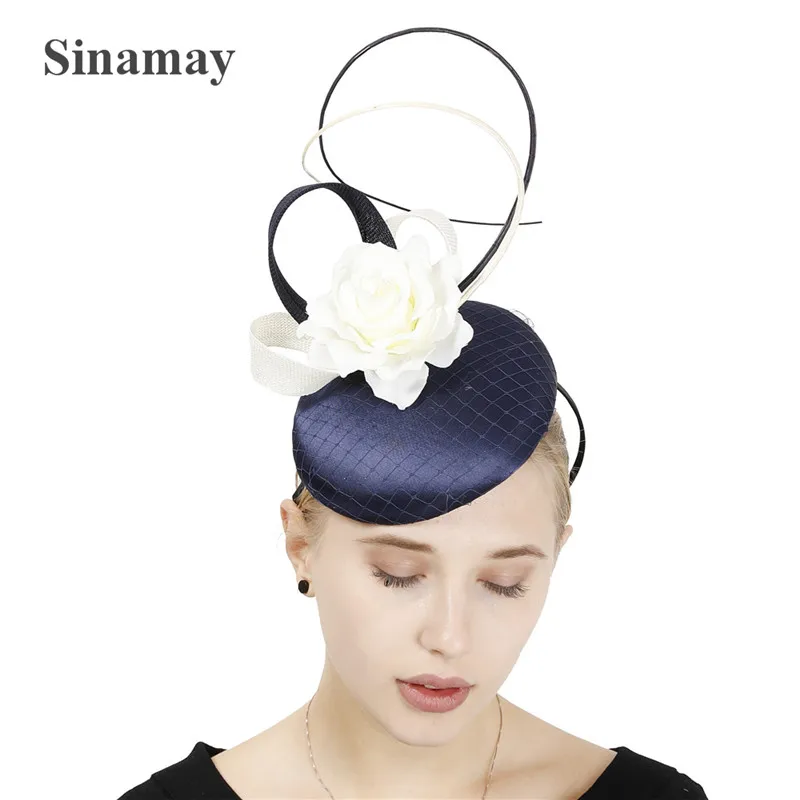 

Satin Navy With Ivory Hair Wedding Fascinator Hat Headband Bridal Elegant Show Race Headpiece Nice Flower Party Hair Accessories