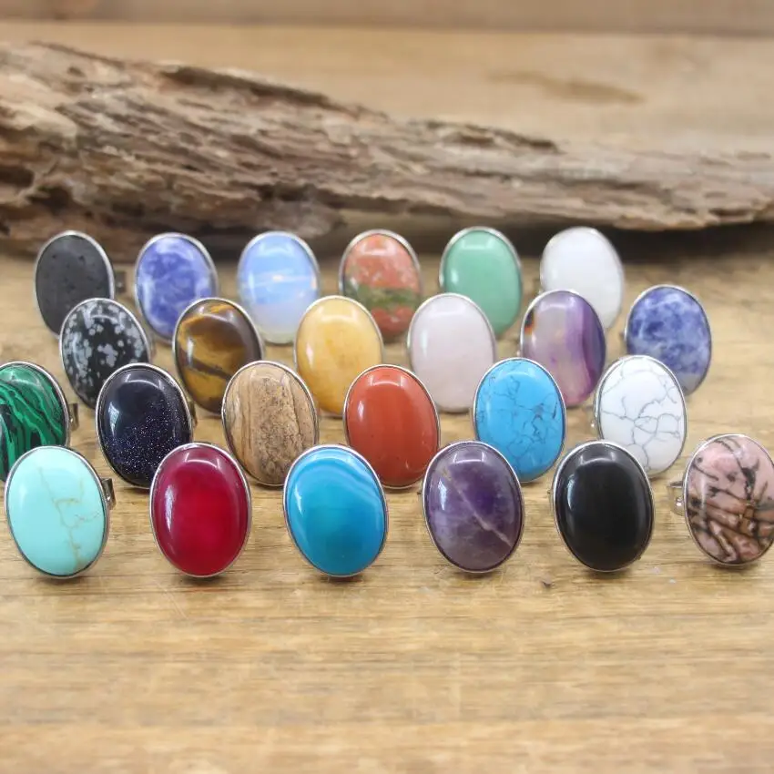 Oval Cabochon Natural Stone Ring Aventurine Rhodonite Sodalite Turquoises Resizable Finger Rings Women Fashion Jewelry,QC4137