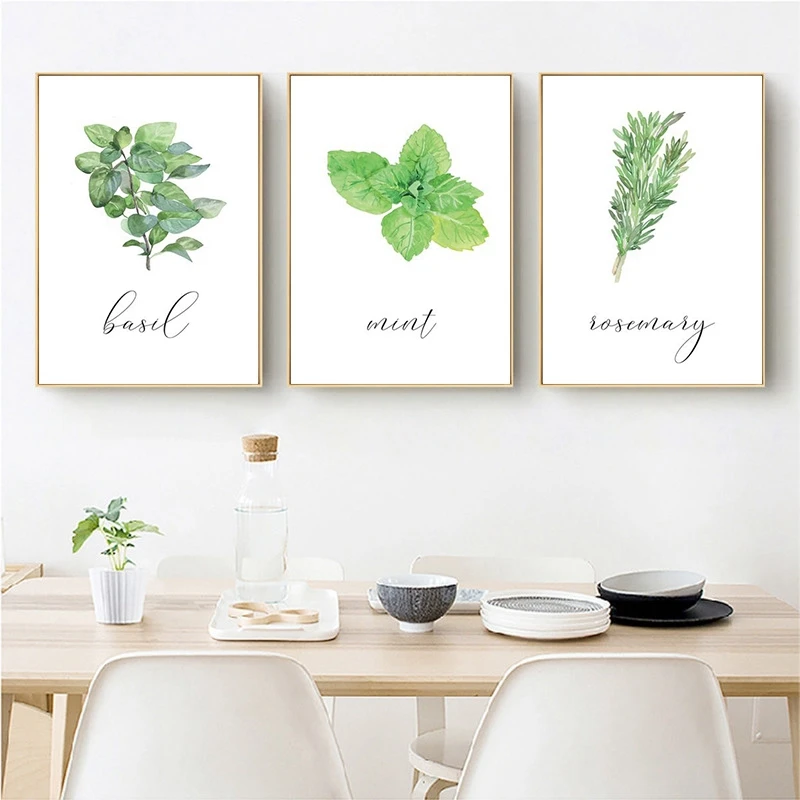 Herbs Basil Mint Posters and Prints Kitchen Decor , Green Plant Rosemary Pictures Botanical Wall Art Canvas Painting