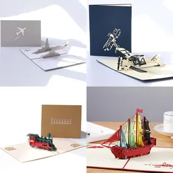 Train Aircraft Sailboat 3D Pop-Up Graduation Creative Greeting Card Production Vintage Postcard Gift Boy's Birthday Thanksgiving