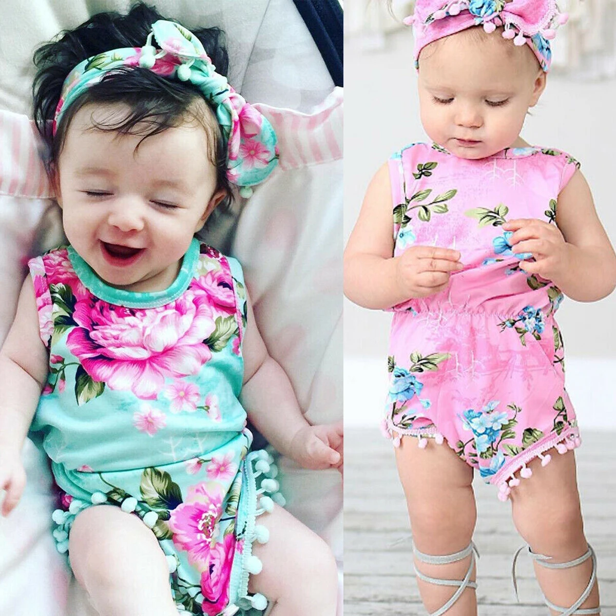 Baby Girl Bodysuit Sleeveless Floral Tassels Summer Clothes Newborn Infant Baby Girl Bodysuit Jumpsuit One Piece Sunsuit