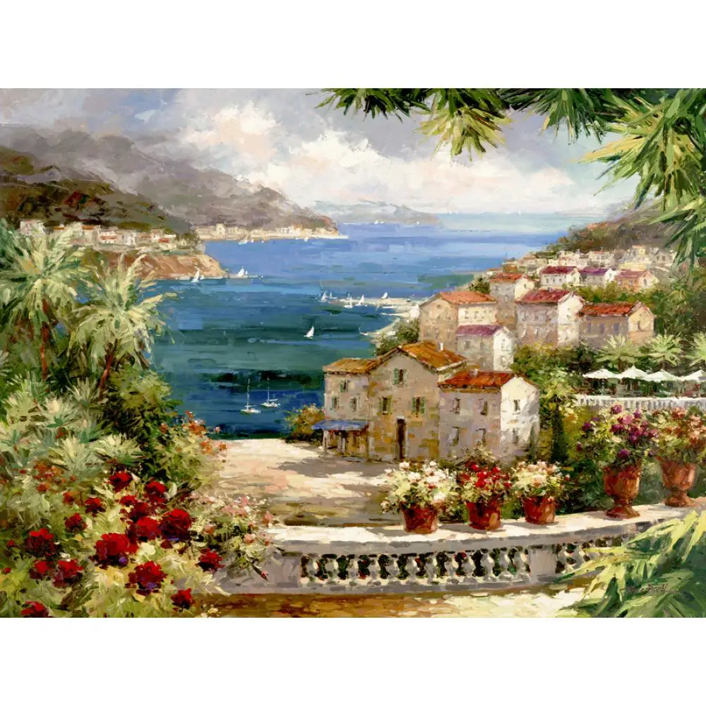 

Beautiful Canvas Art Garden Painting Italian Mediterranean Wall Decor Handmade Modern Seascape Harbor Vista Artwork Living Room