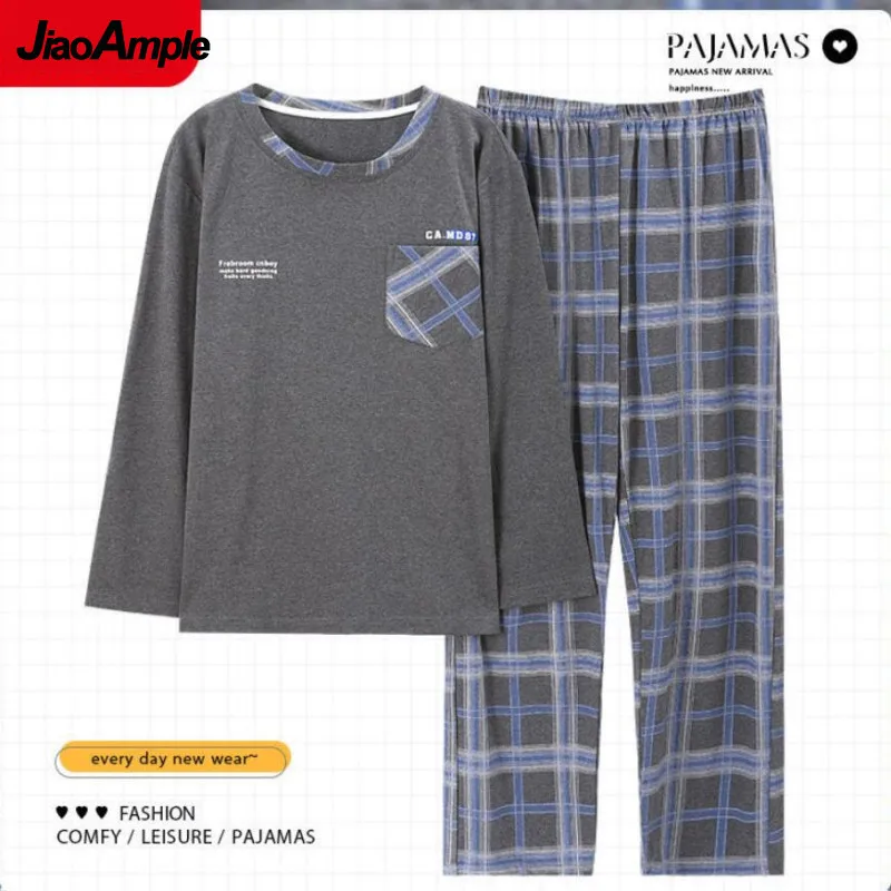 Cotton Pajamas Men's Spring Autumn Long-sleeved Trousers Pijamas Two-piece Male Casual Sleepwear Nightie Home Clothes Suits