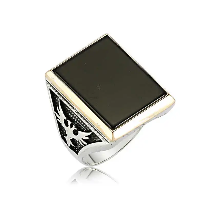 Silver Black Stone Double Headed Eagle Men's Ring - 925 Sterling Men's Jewelry Wedding Birthday Gift - Box - Man - Fashion - Botiva - Size - Turkish - Patterned Embroidery