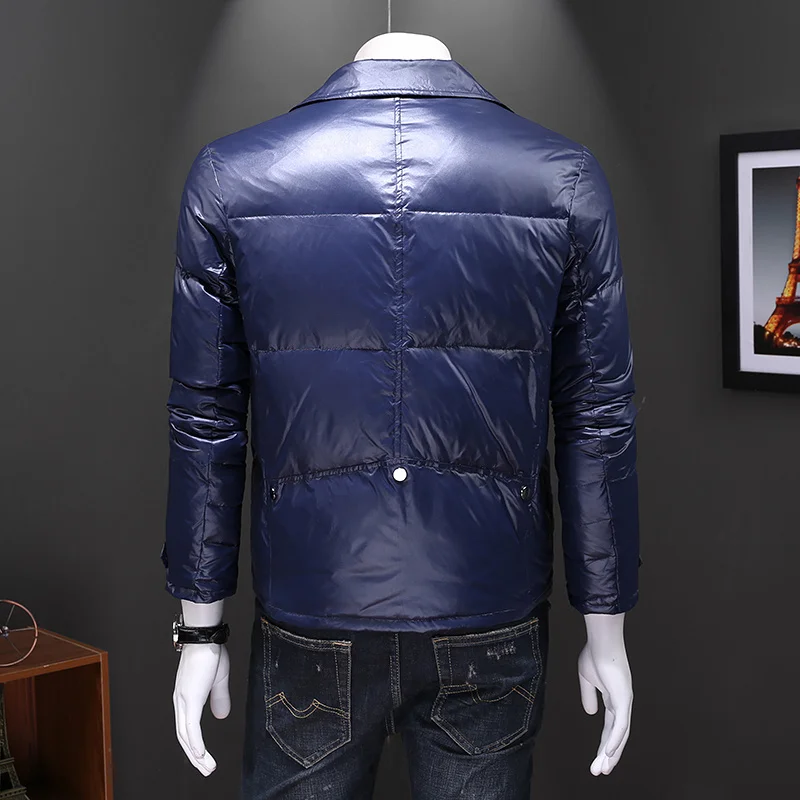 Abrigo brillante con solapa y cremallera para hombre, Chaqueta corta Lisa para motocicleta, abrigo cálido para invierno, estilo coreano, negro y azul profundo