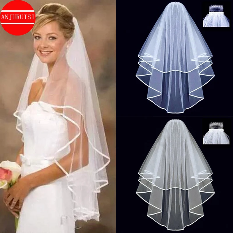 Zwei Schicht Kurze Hochzeit Schleier Einfache Rand Billig WhiteTulle Braut Velo Mit Kamm Hochzeit Zubehör Boda Velo de Novia 2020