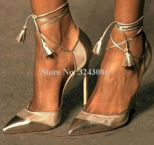 Gold Color Cross-tied Stiletto Heel Pumps Women Sexy Mixed Color Net Tassels Single Shoes Lady Fashion Party Shoes Dropship