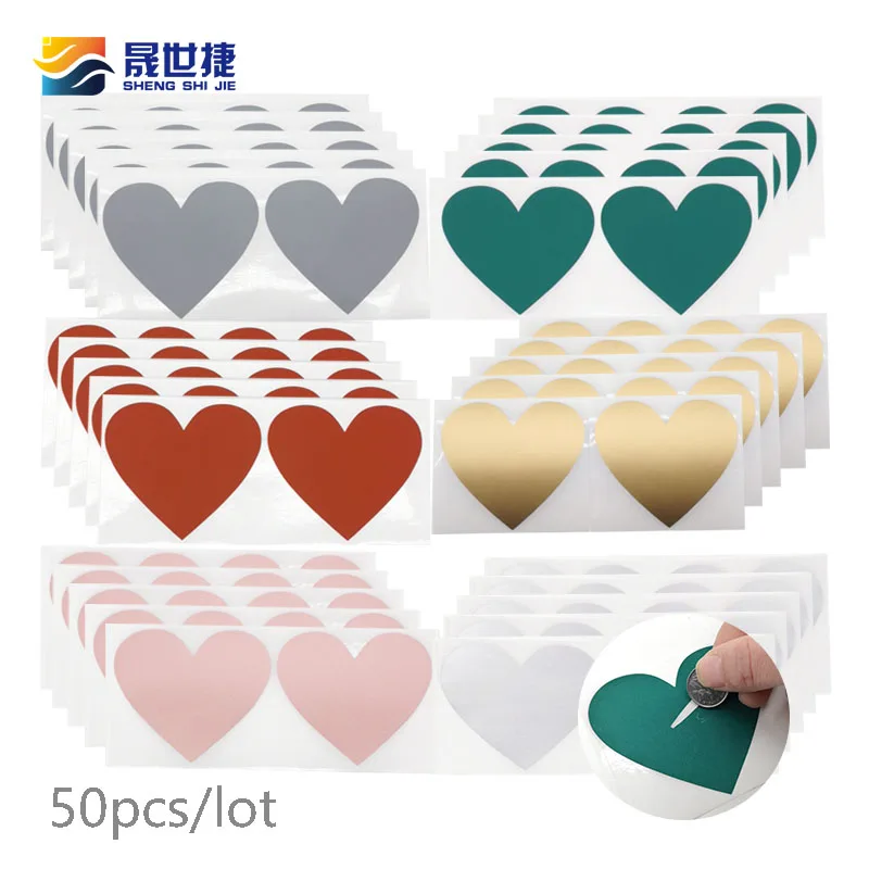 Shengshijie 70x80mm 50pcs/pack Scratch off Sticker Love Heart Gold Grey For Adhesive Stickers Party Activity Stickers