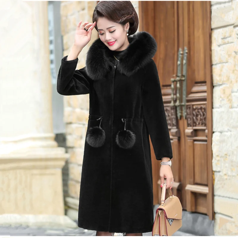 UHYTGF Women Winter Fur Jacket Hooded Imitation Mink Fleece Casual Mom Warm Coat Solid Female Long Outerwear 5XL Loose Size 1619