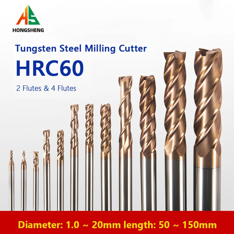 HRC60 milling cutter carbide  2 Flutes 4 Flutes 1,2,3,4,5,6,7,8,9,10,11,12,14,16,18,20mm Handle Milling Metal Cutter CNC CUTTER