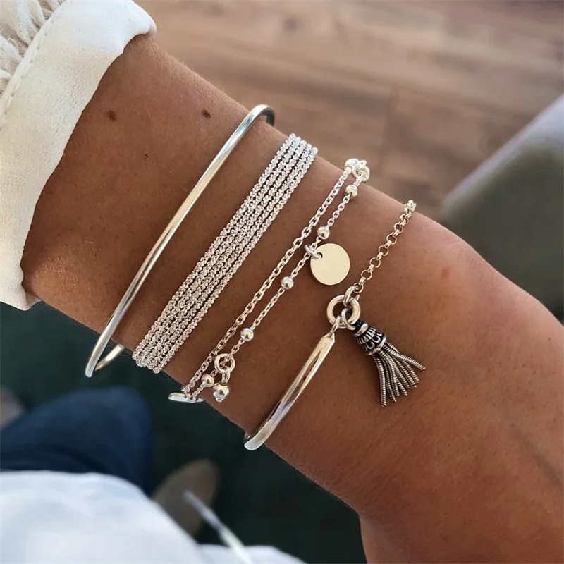 NEW Set Bohemian Silver Color Tassel Round Bracelet Set for Women Multilayer Pendant Bracelet 2020 Fashion Jewelry