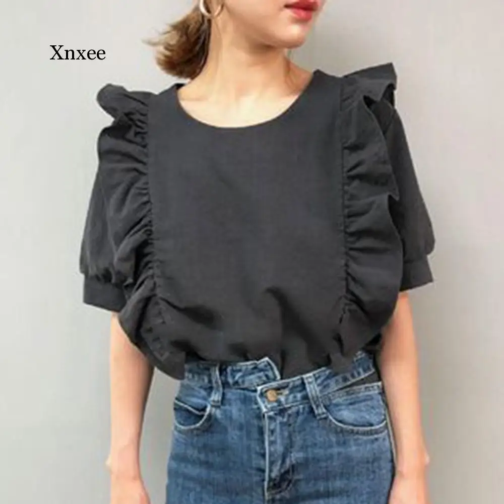 Loose Ruffle Short Sleeve Summer T-Shirt Casual Round Neck Plain Femme Tee T-Shirts Tops Office Lady Women Daily T-Shirts 2021