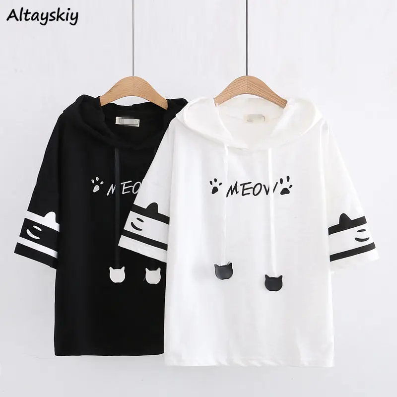 T-shirts Women Patchwork Loose Harajuku All-match Short Sleeve Hooded Summer Cute Korean Version Stylish Student Tops Casual New