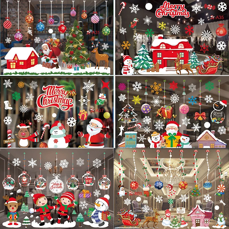 1Set Christmas Window Stickers Decorations Santa Snowman Elk Snowflake Decal Sticker for 2022 Xmas Window Glass Door Decor