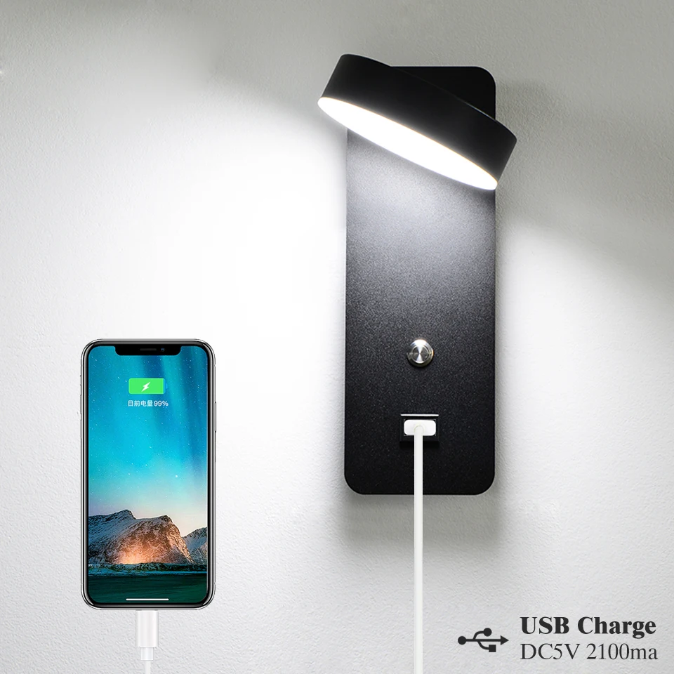 led indoor wall lamps with Switch USB Charge wall light 3 Color 9W lighting For home Bedside Stairway Sconce luminaria