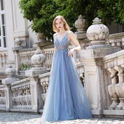 YQLNNE Sweet Dusty Blue Long Prom Dresses Straps Tulle Crystals Backless Formal Party Gown