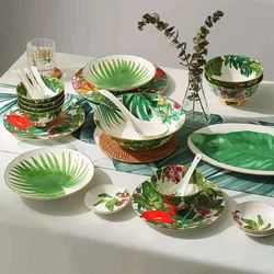Jungle Tableware Set, Bone China Dinnerware Set, Big Fish Plate, Soup Bowl, Golden Rim Rice Bowl, Flat Plate, Flower Design