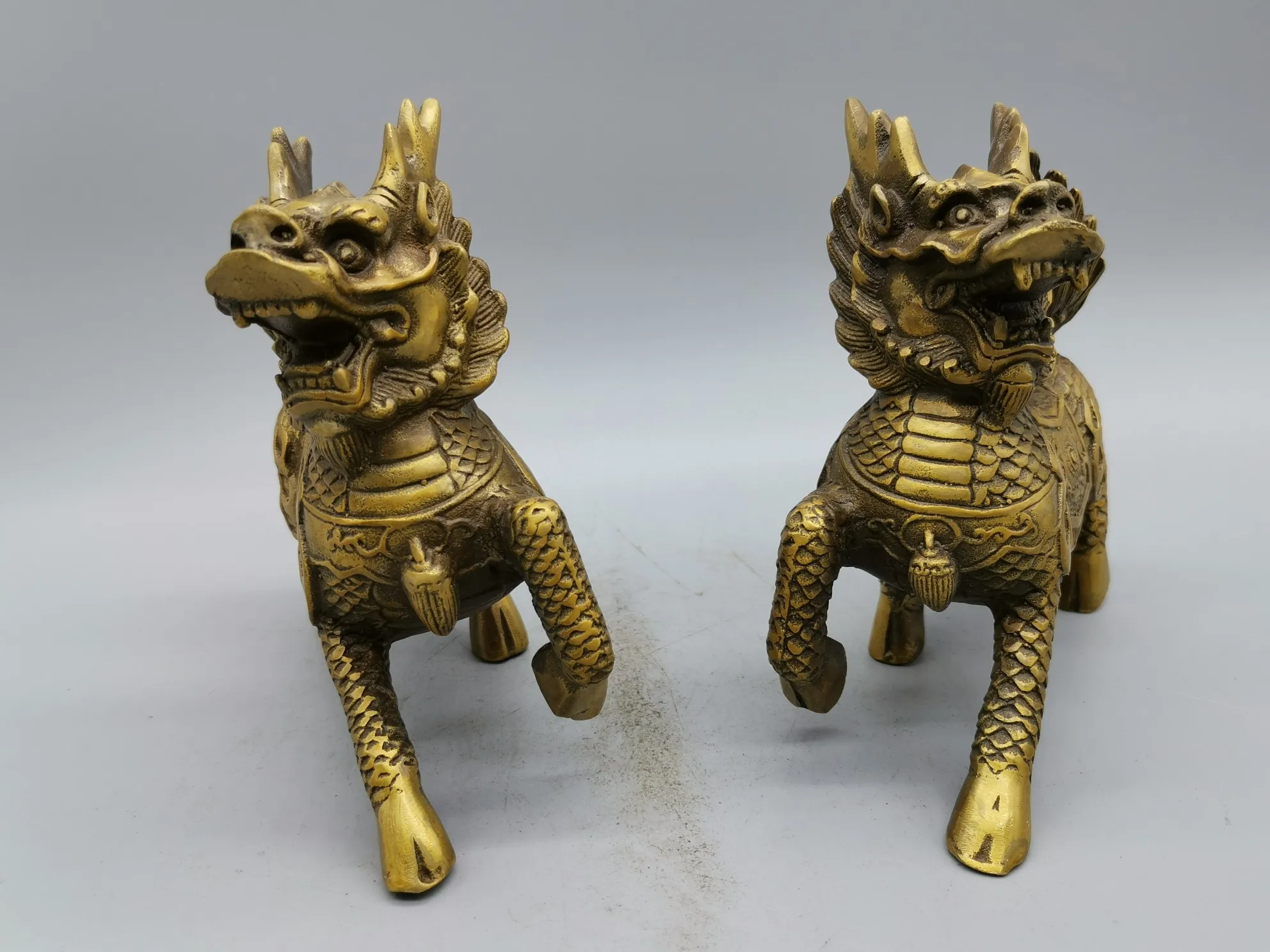 

4Chinese Feng Shui Pure Copper Kylin Unicorn Beast Statue Pair