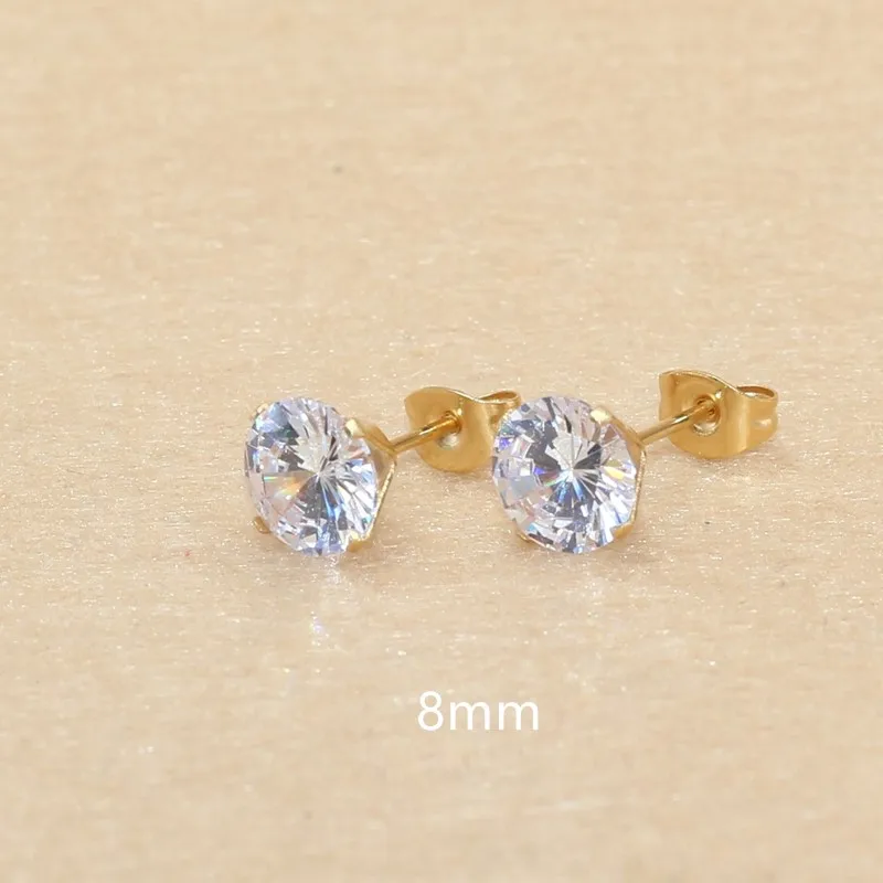 20 Colors Stainless Steel Golden-color Stud Earrings 8mm AAA Zircons No Fade Allergy Free Jewelry Accessory