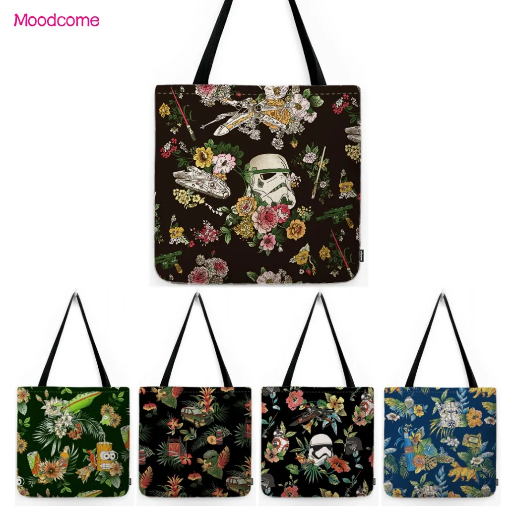 Tropical Plant Flower Floral Black Blue Warrior Art Fashion Water Resistant Cotton Linen Shopper Tote Bag Lovely Shoulder Bag