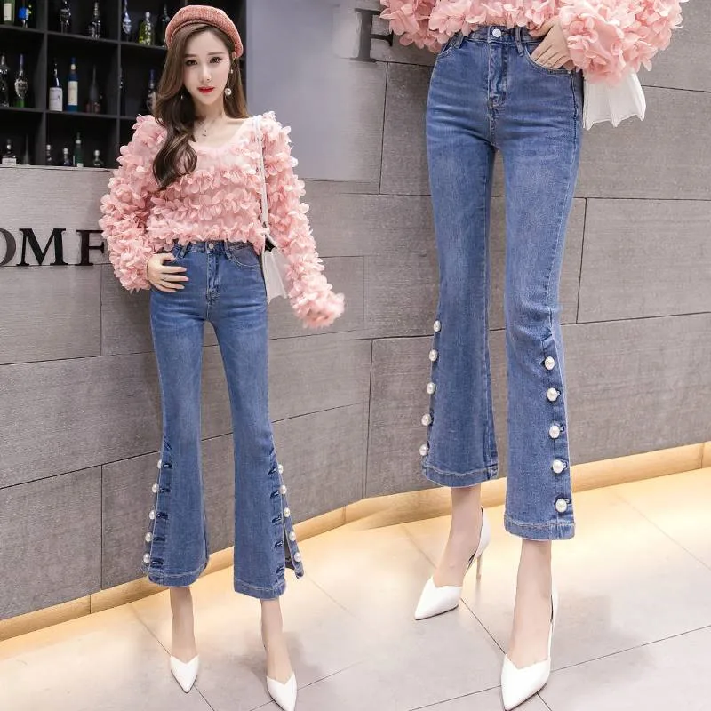 

2020 Spring Summer Women Denim Pants New Fashion High Waisted Pearls Beaded Slim Stretch Split Jeans Trumpet Trouser S-XXL AH231