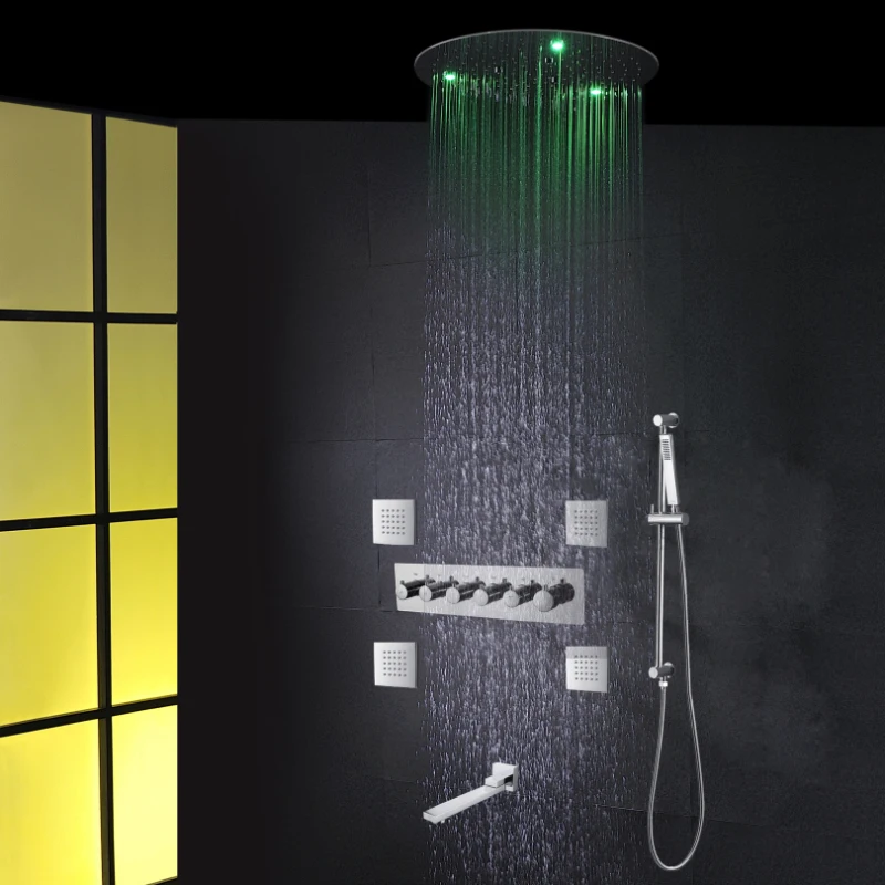 Bath Shower Faucet 20 Inch Ceiling Mounted LED Rain Shower Head Brass Body Message Jets Combo System