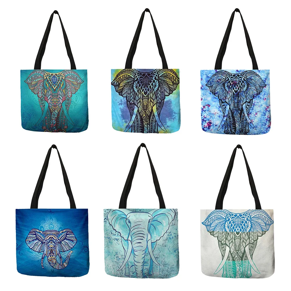 

Customized Elephant Mandala Print Linen Totes for Women Fashion Reusable Shopping Bags Printed Traveling School Shoulder Bag